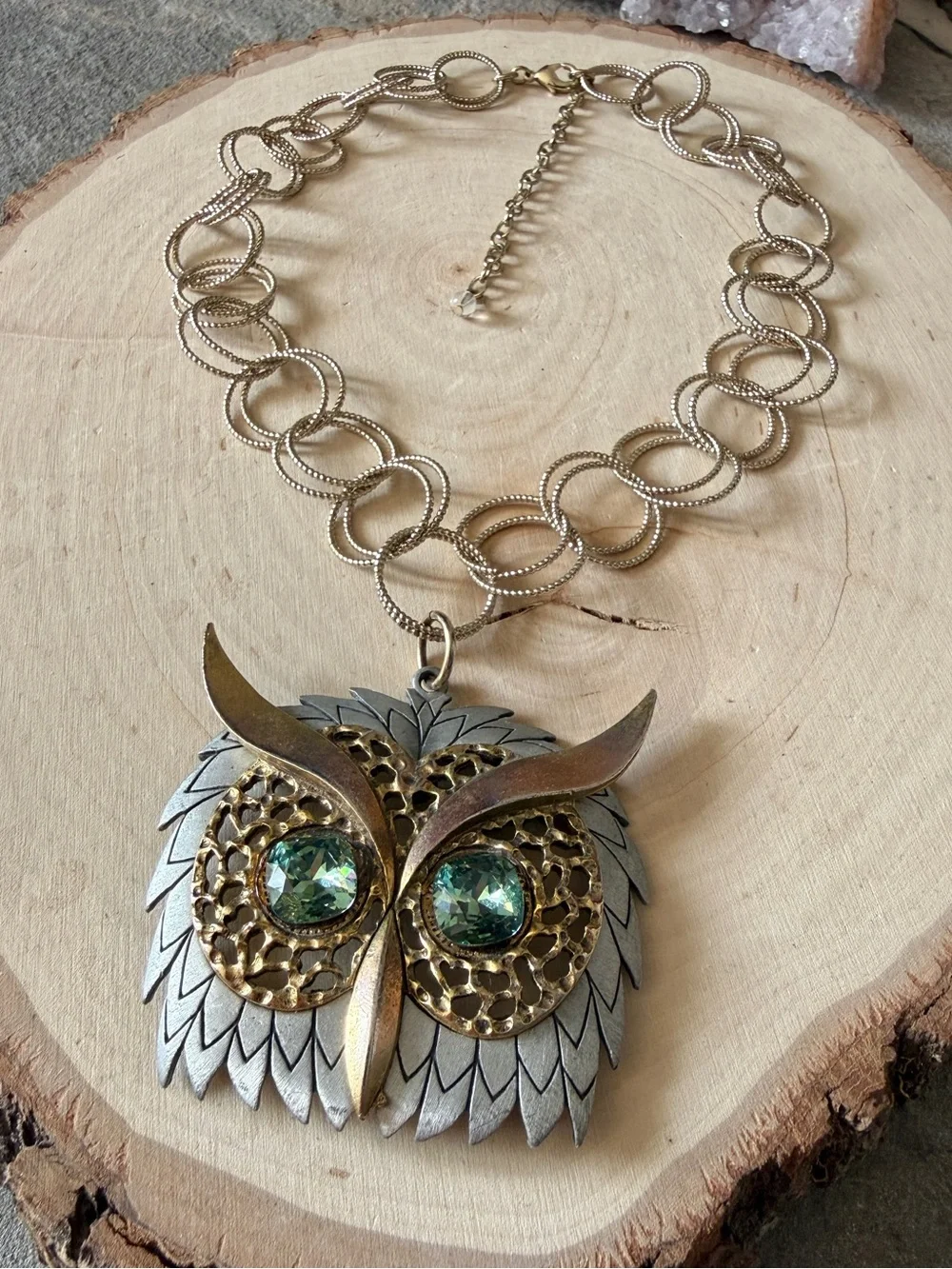 Upcycled Owl Choker Necklace with Green Rhinestone Eyes on Gold Tone Chain OOAK - Picture 9 of 10